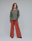 Lace V-Neck Long Sleeve Top in Olive_Front