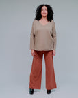 Lace V-Neck Long Sleeve Top in Taupe_Front
