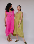 Hem Detail Soft Side Dress Moss and Fuchsia Front