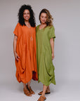 V-Neck Rusched Skirt Dress Terra and Olive Front