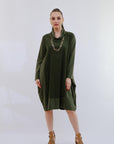 Mix Media Bubble Dress in Olive_Front