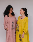 Patch l Print on Parallel Maxi Dress Yellow and Pink Front