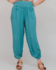 Side-Ruched Tapered Hem Pants Seablue Front