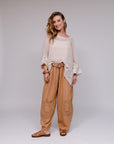 Weave Accent with Belt Pant Camel Front