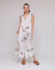 Shoulder Tie Leaf Print Pantsuit White Front