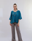V-Neck Extented Sleeve Top in Teal_Front