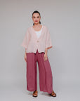 1-Button V Neck Top Pink Front