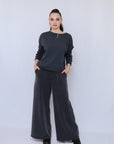 Button Sleeve Accent Top in Charcoal_Front
