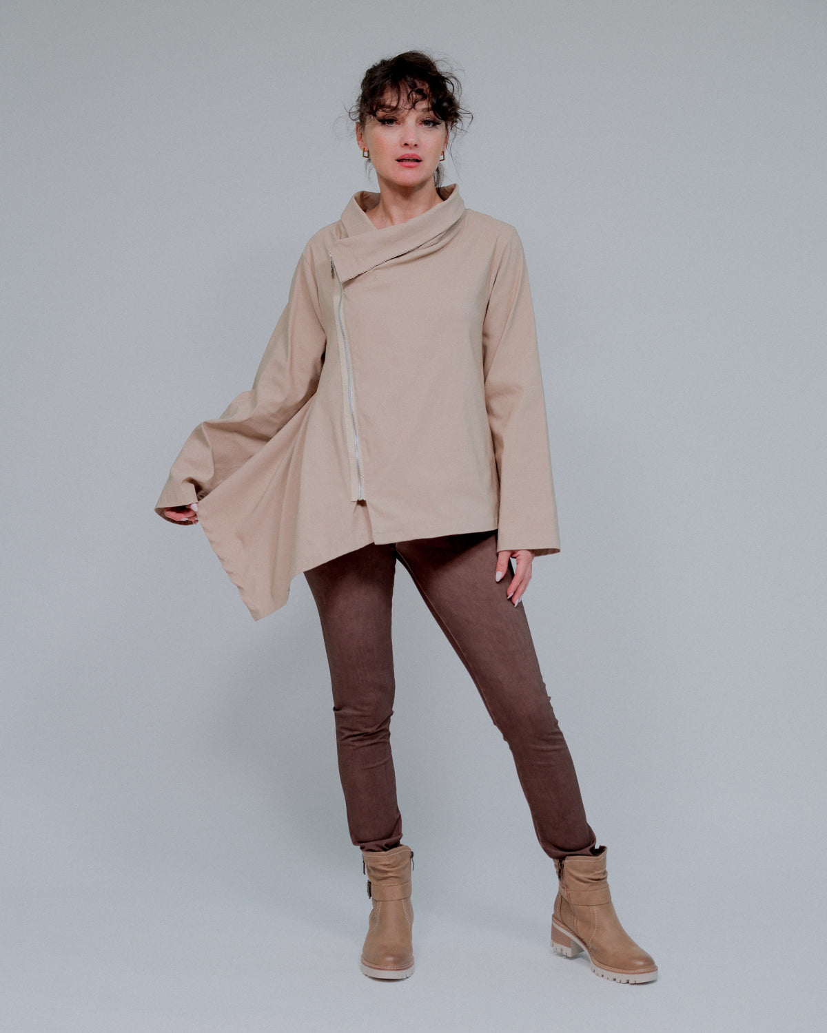 Overlapping Zip Front Top in Taupe_Front