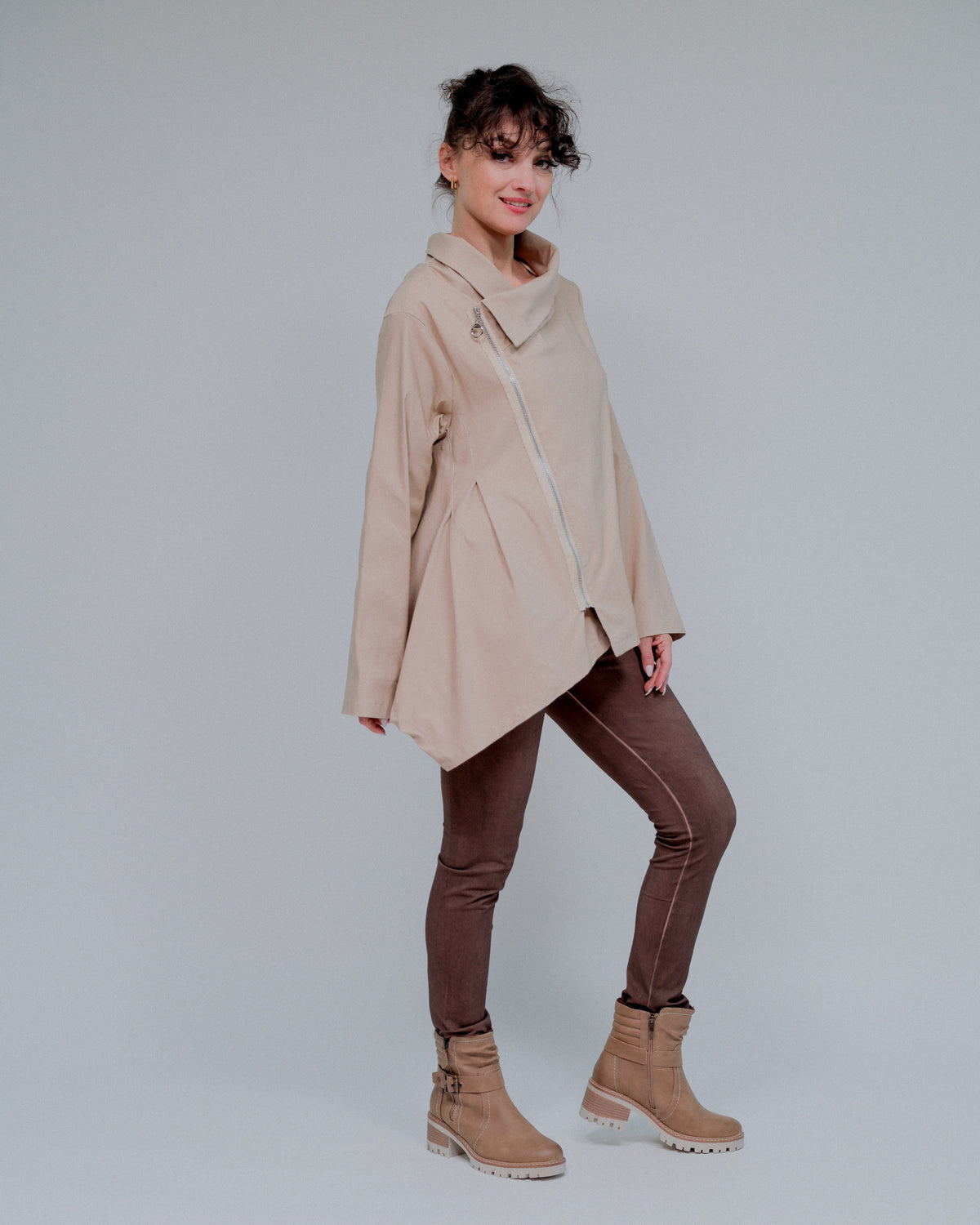 Overlapping Zip Front Top in Taupe_Side