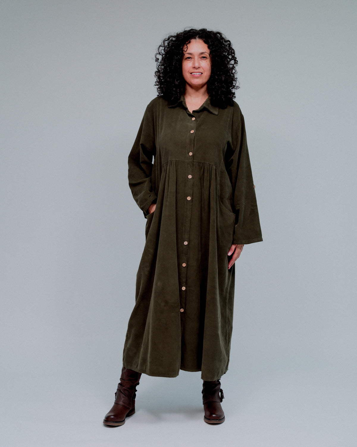 Collared &amp; Shirred Babydoll Dress in Olive_Front