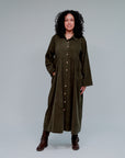 Collared & Shirred Babydoll Dress in Olive_Front