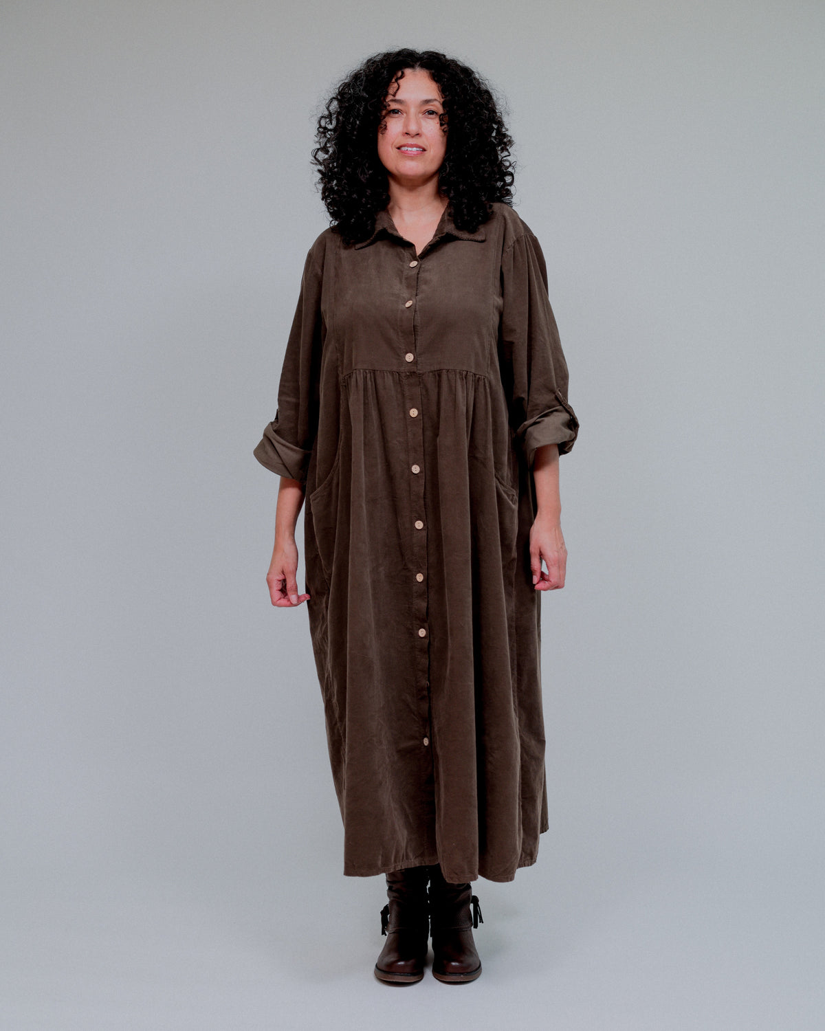 Collared &amp; Shirred Babydoll Dress in Coco_Front