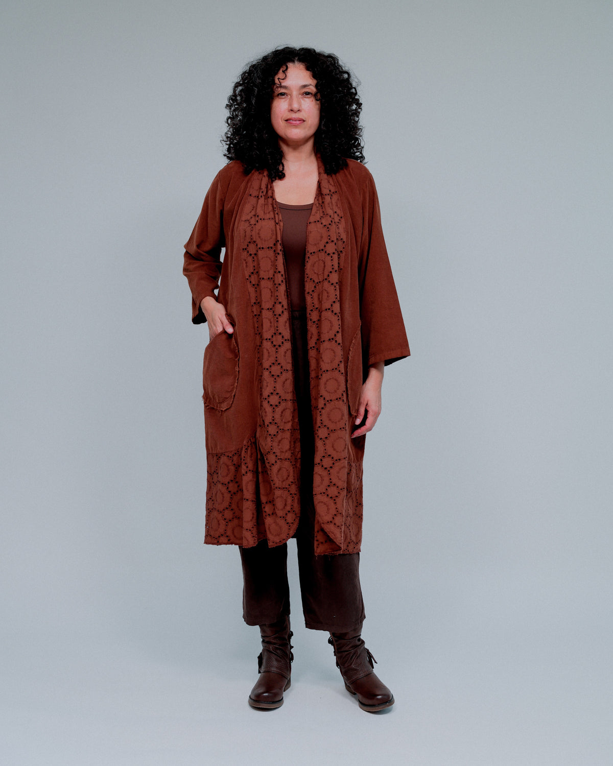 Eyelet Trim Long Duster in Coco_Front