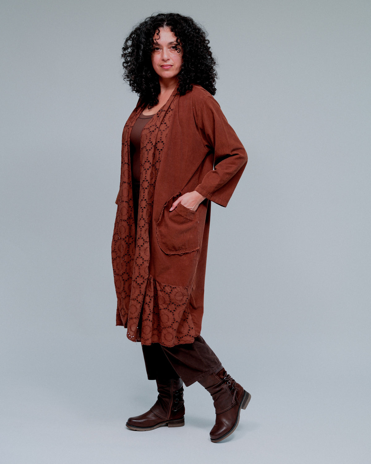 Eyelet Trim Long Duster in Coco_Side