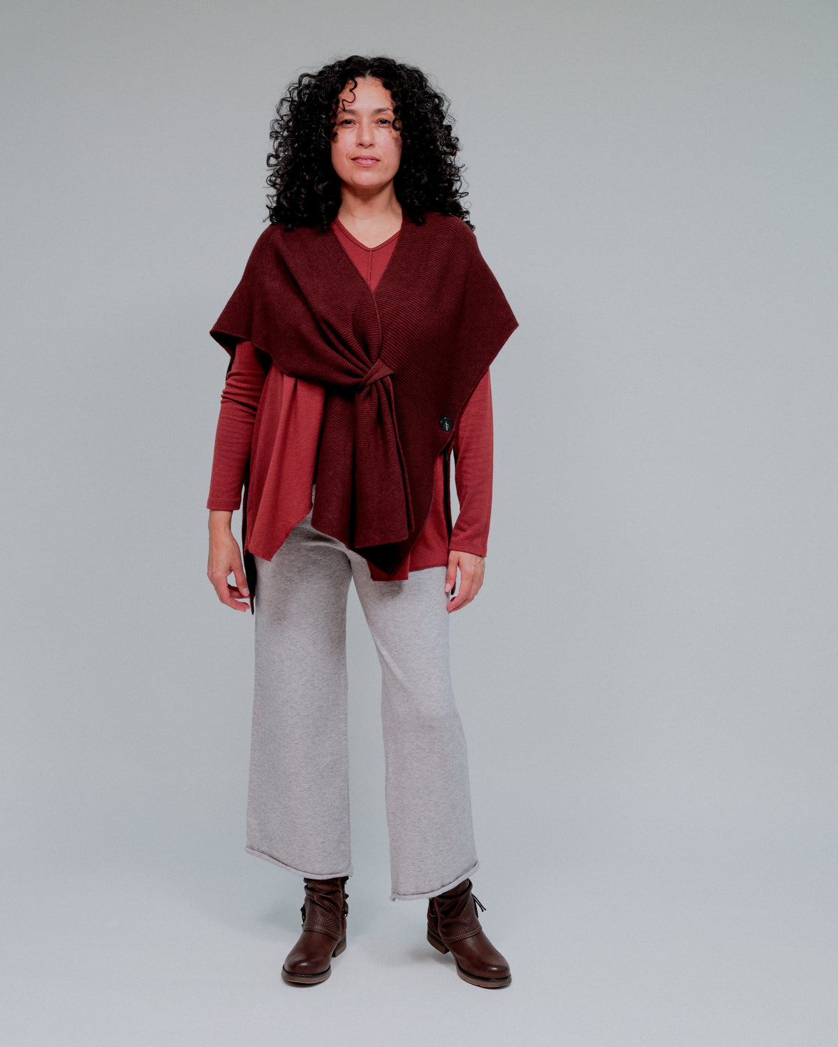 Side Button Loop Kimono in Wine_Front
