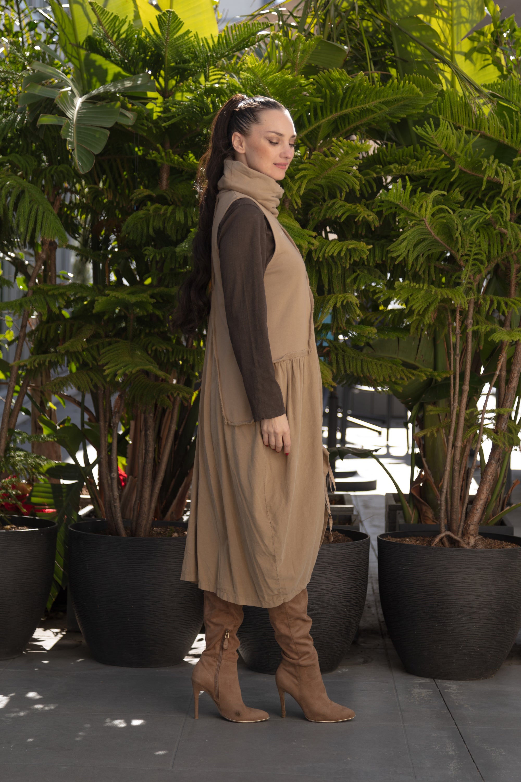 Cowl Neck Dress in camel side view 