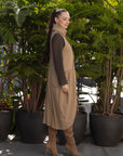 Cowl Neck Dress in camel side view 