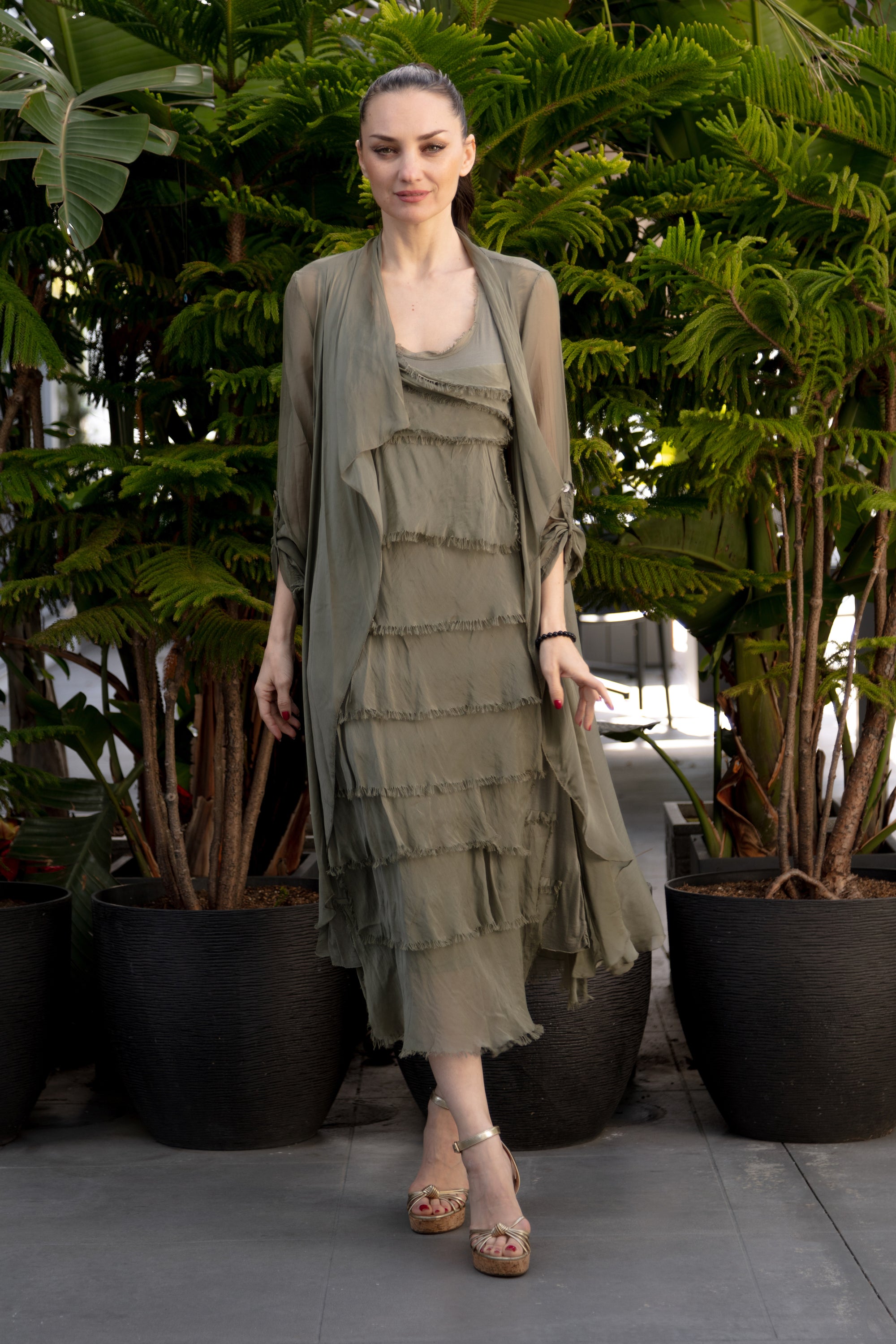 Ashton Frayed Maxi Dress in olive 