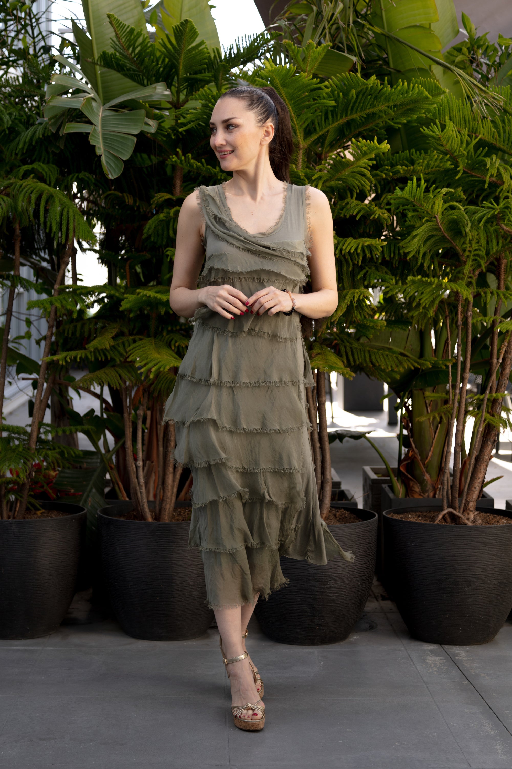 Ashton Frayed Maxi Dress in olive 