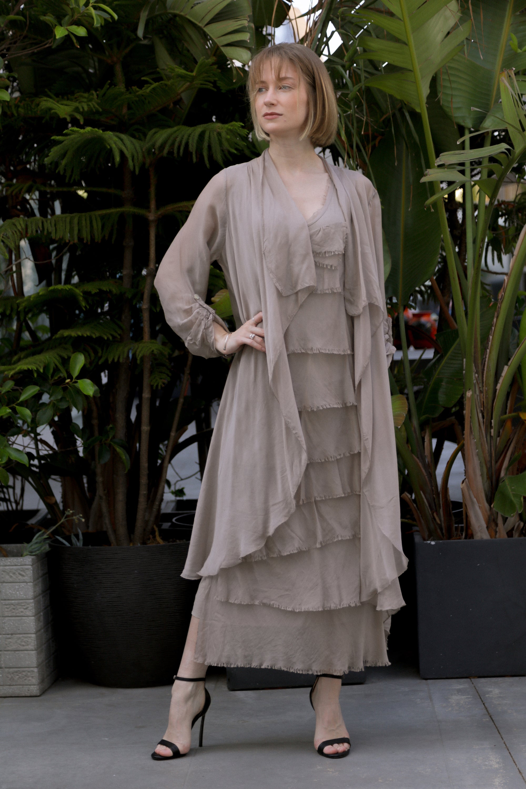 Autumn Duster in taupe paired with Ashton Frayed Maxi Dress