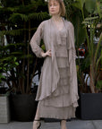 Autumn Duster in taupe paired with Ashton Frayed Maxi Dress