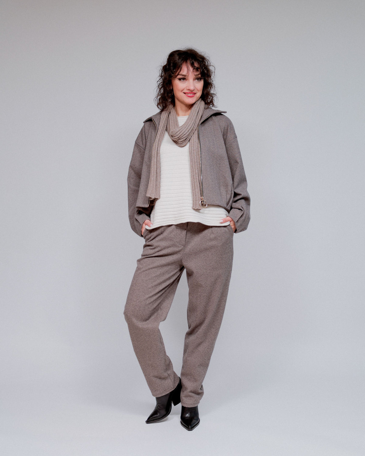 Herringbone Tucked Hem Zip Jacket in Taupe_Front