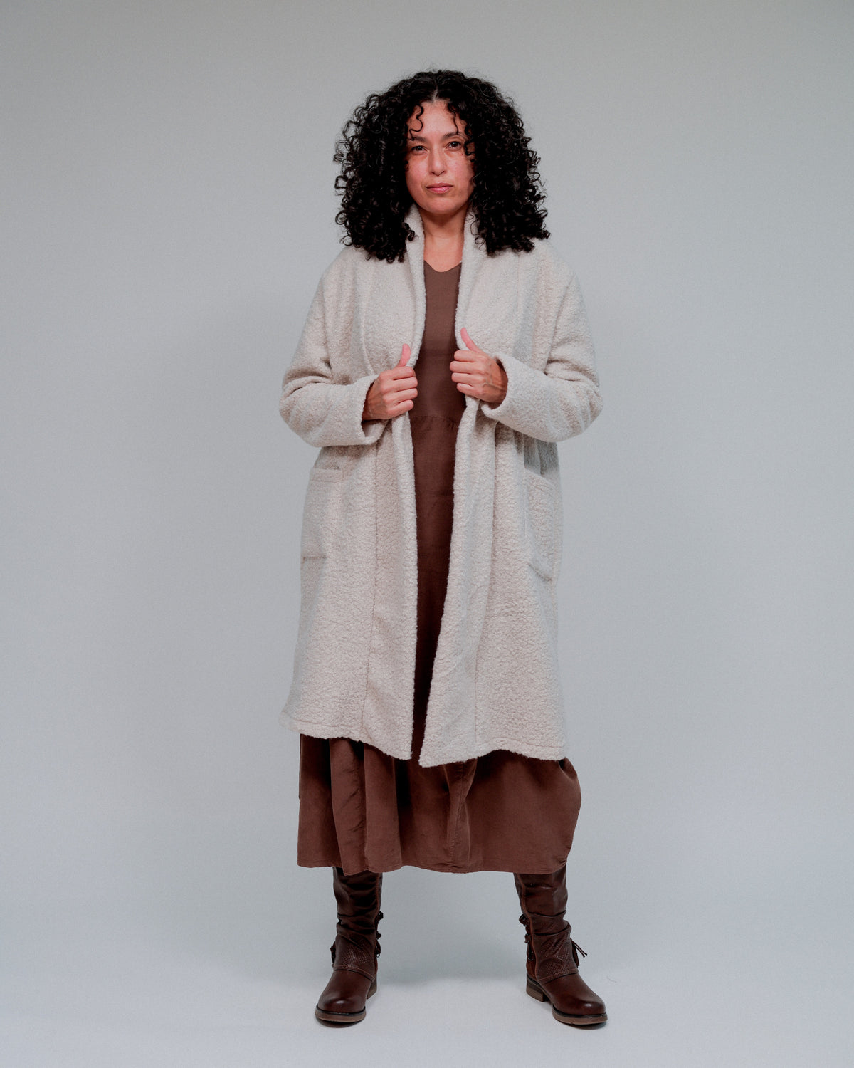 Lapel Collar Open Coat in Sand_Front