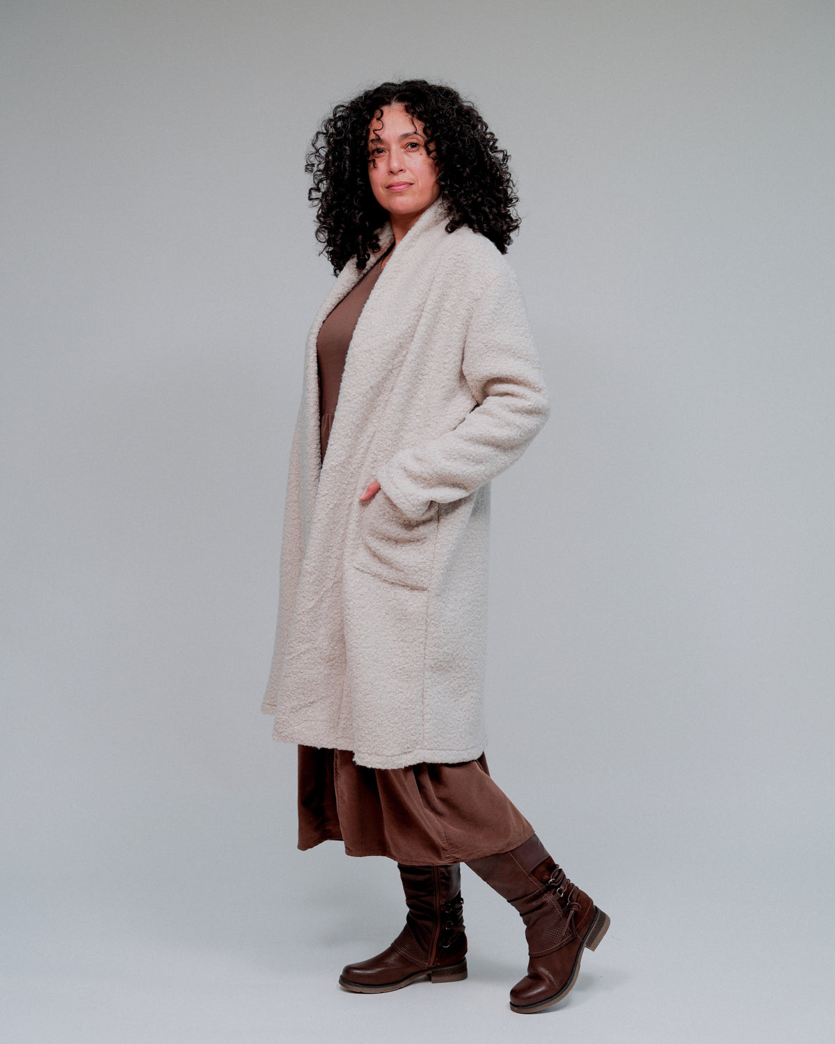 Lapel Collar Open Coat in Sand_Side