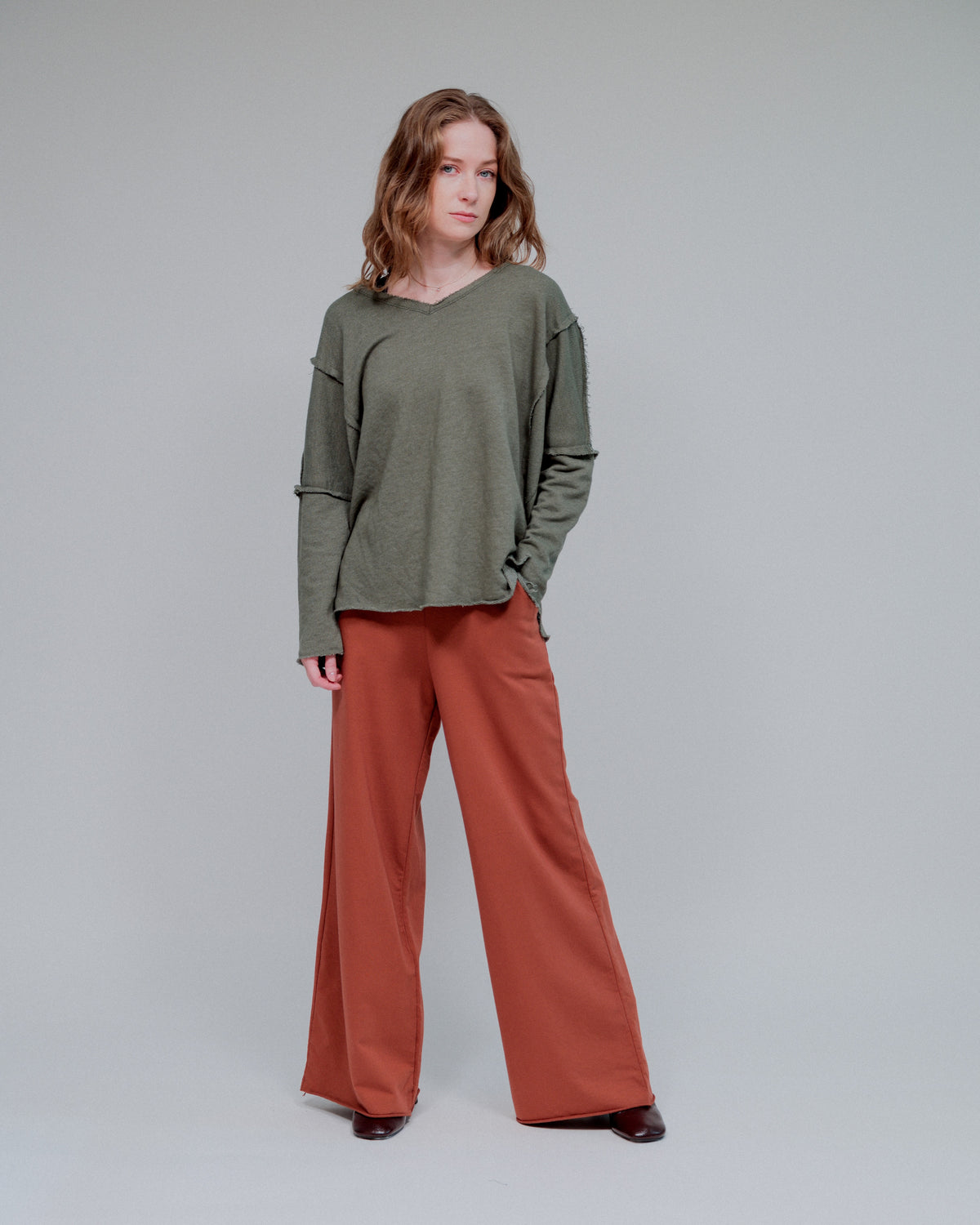 Lace V-Neck Long Sleeve Top in Olive_Front