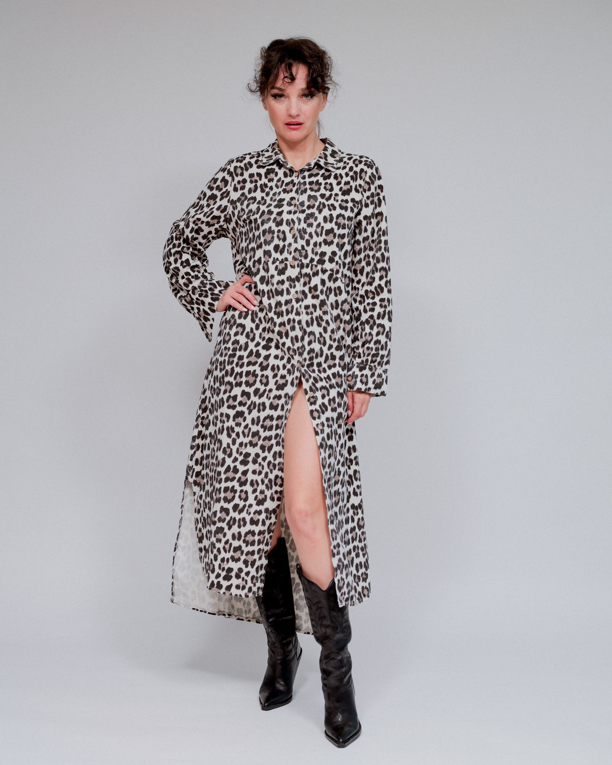 Animal Print Maxi Shirt Dress in Ivory_Front