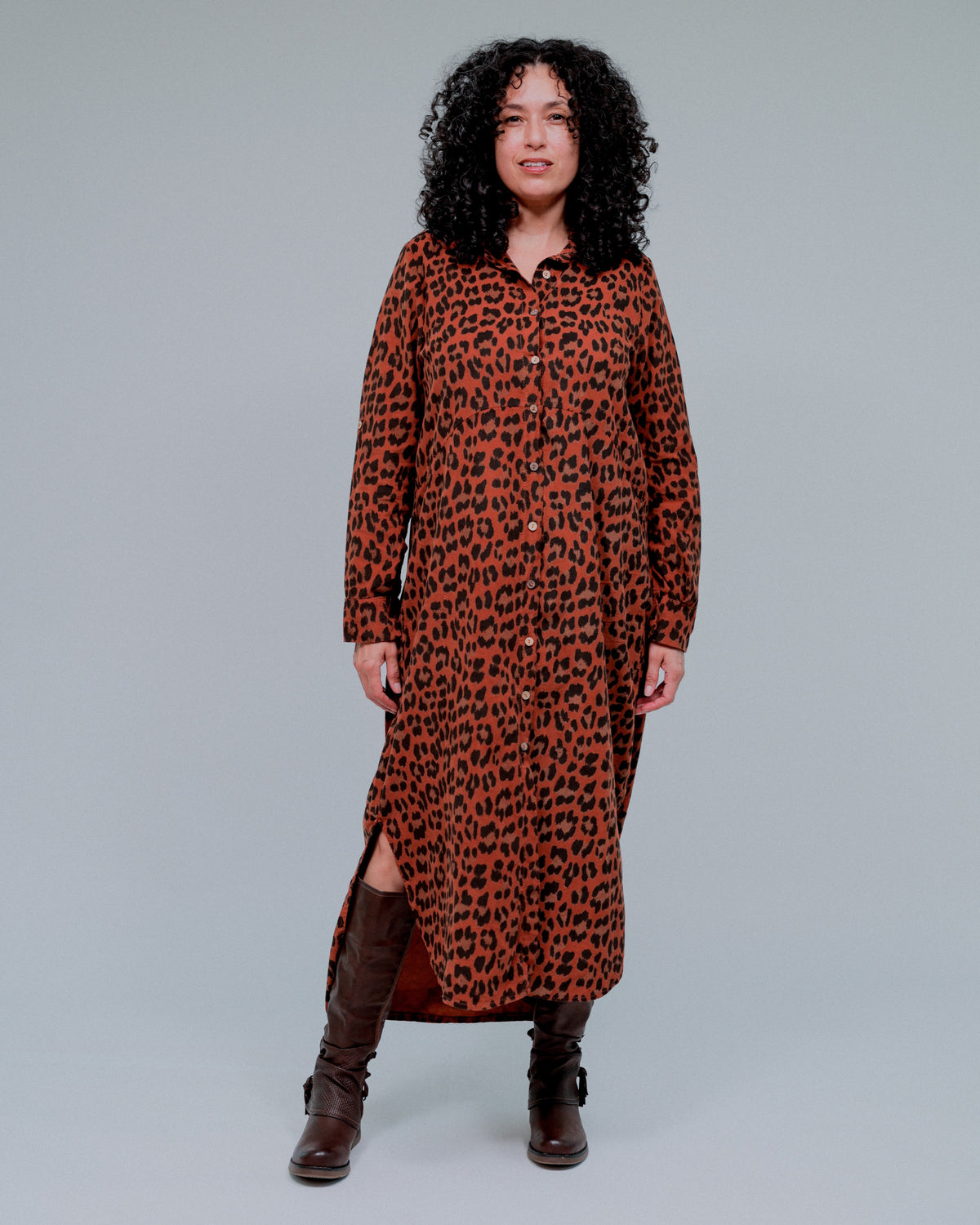 Animal Print Maxi Shirt Dress in Terra_Front