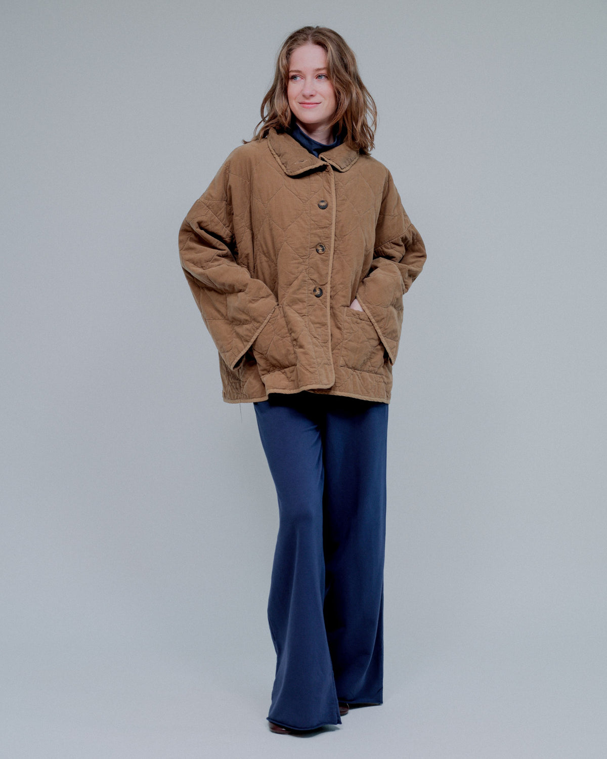 Stand Collar Quilted Jacket in Camel_Front