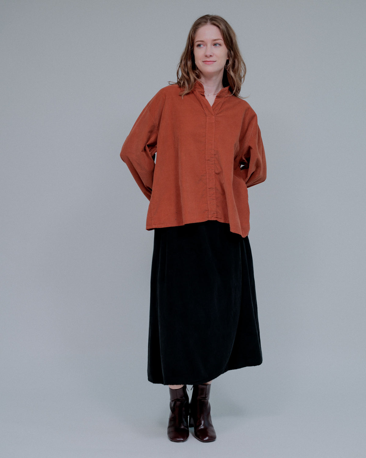 Center Trim Stand Collar Long Sleeve Top in Terra_Front
