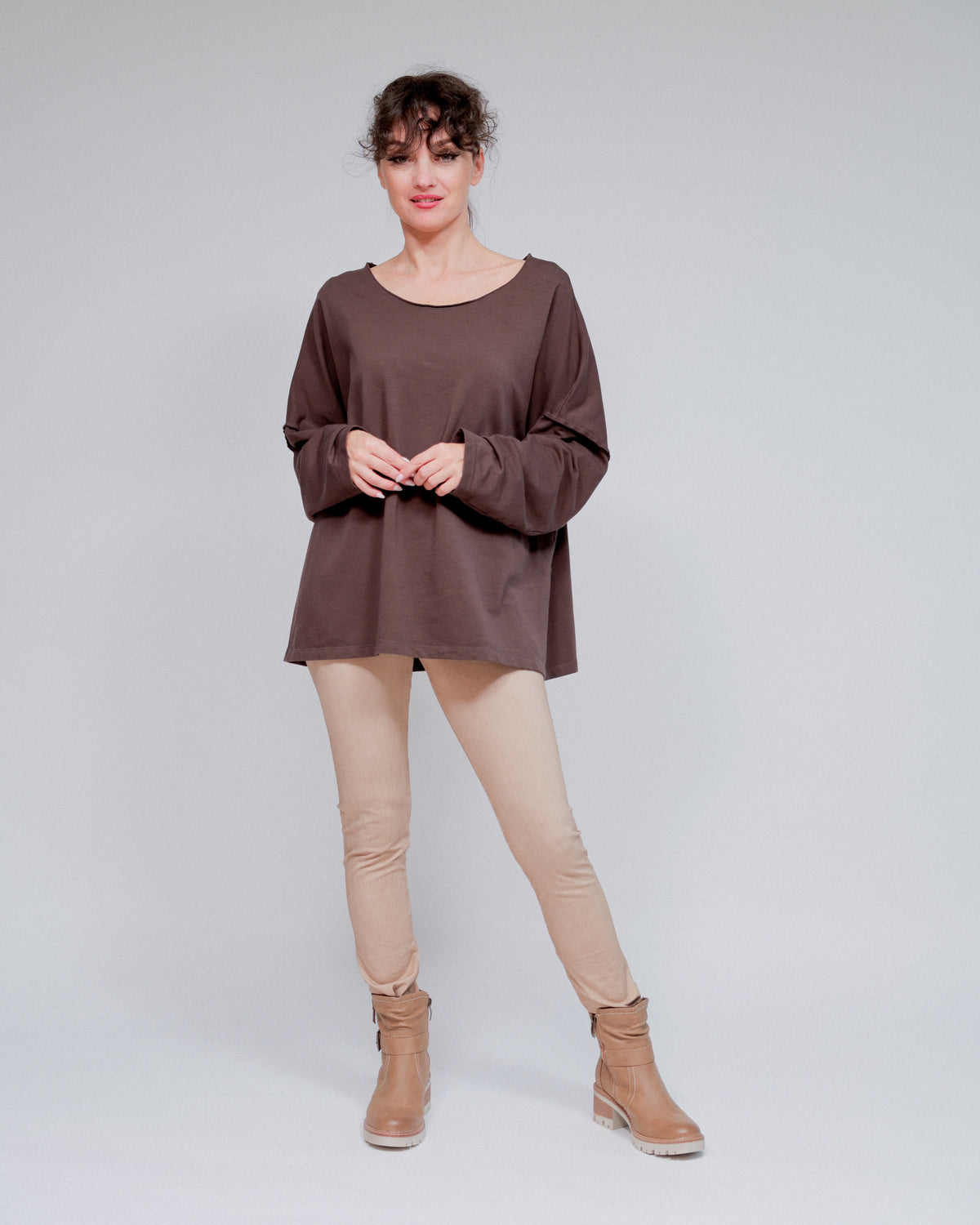 Wide Neck Extended Sleeve Top in Coco_Front