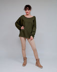 Wide Neck Extended Sleeve Top in Olive_Front
