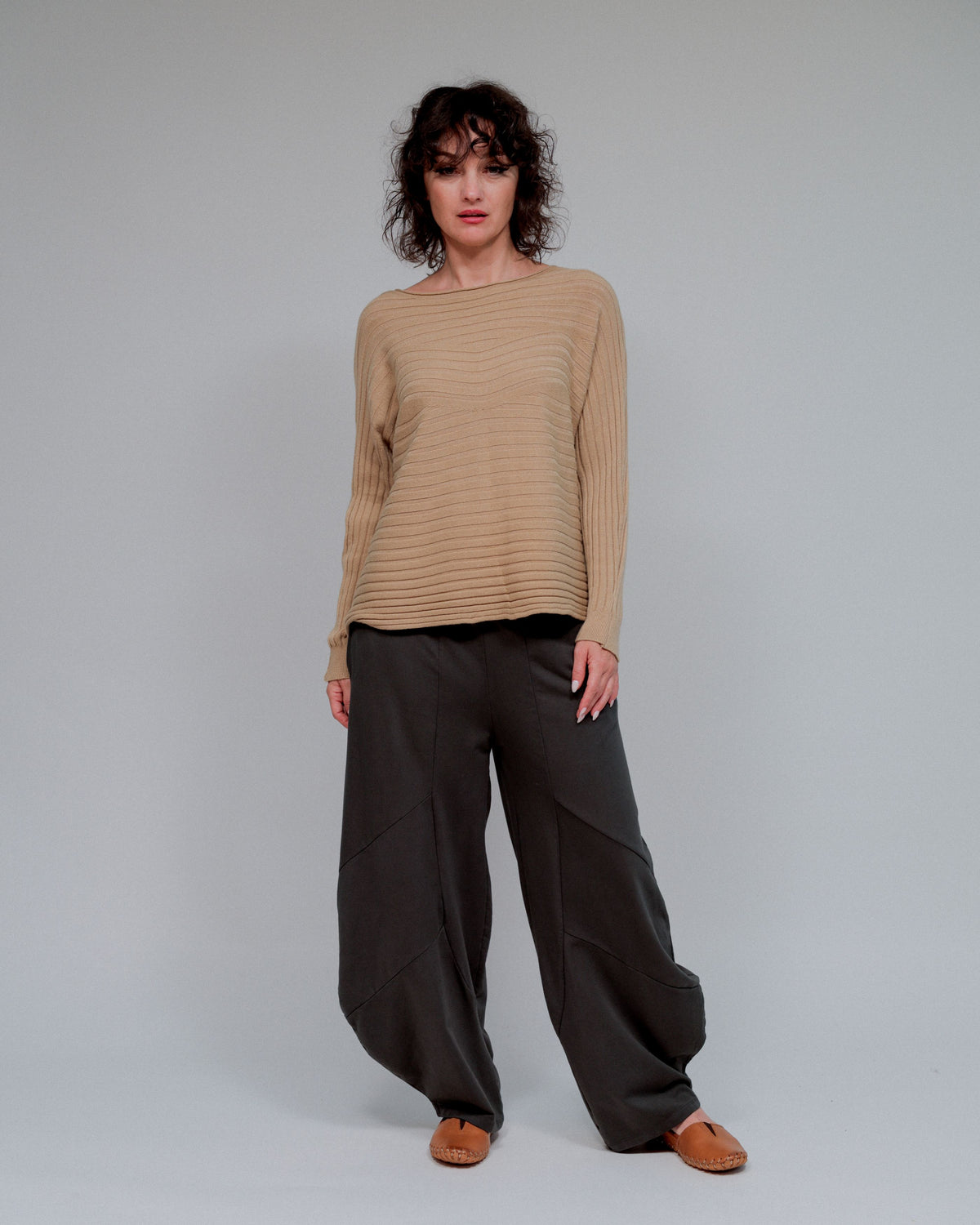Horizontal Lines Sweater in Camel_Front