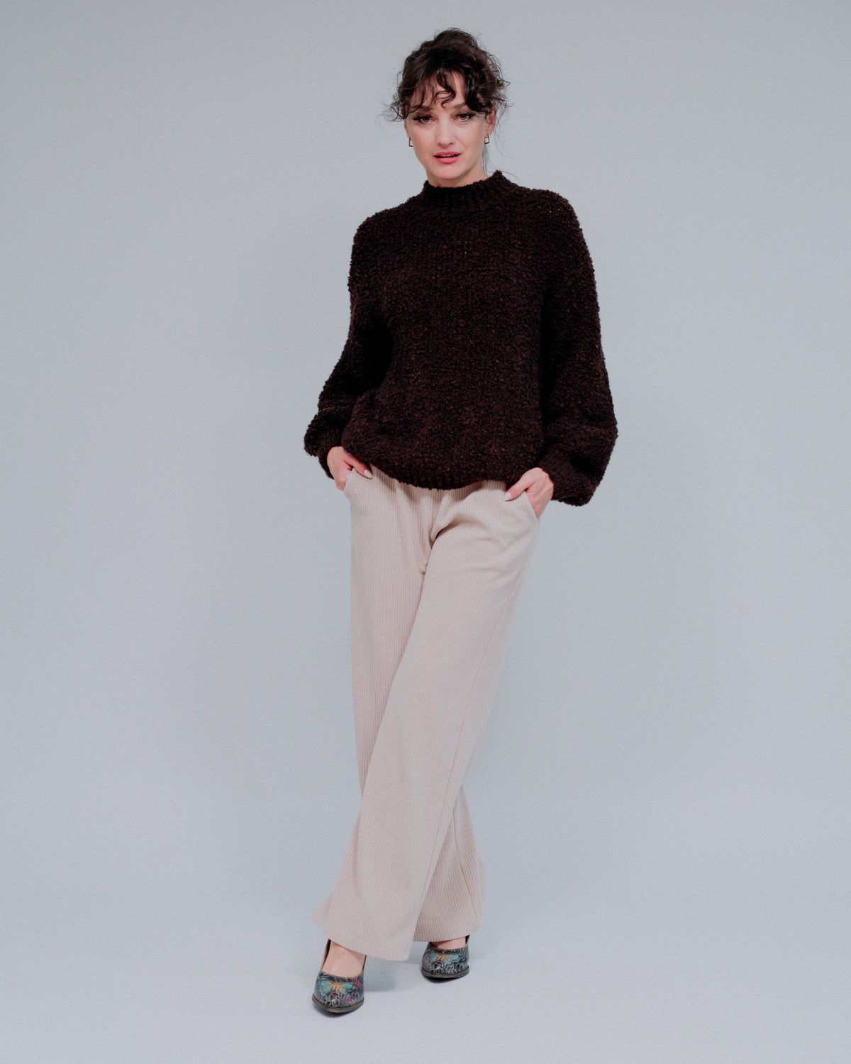 Popcorn Knit Sweater in Coco_Front
