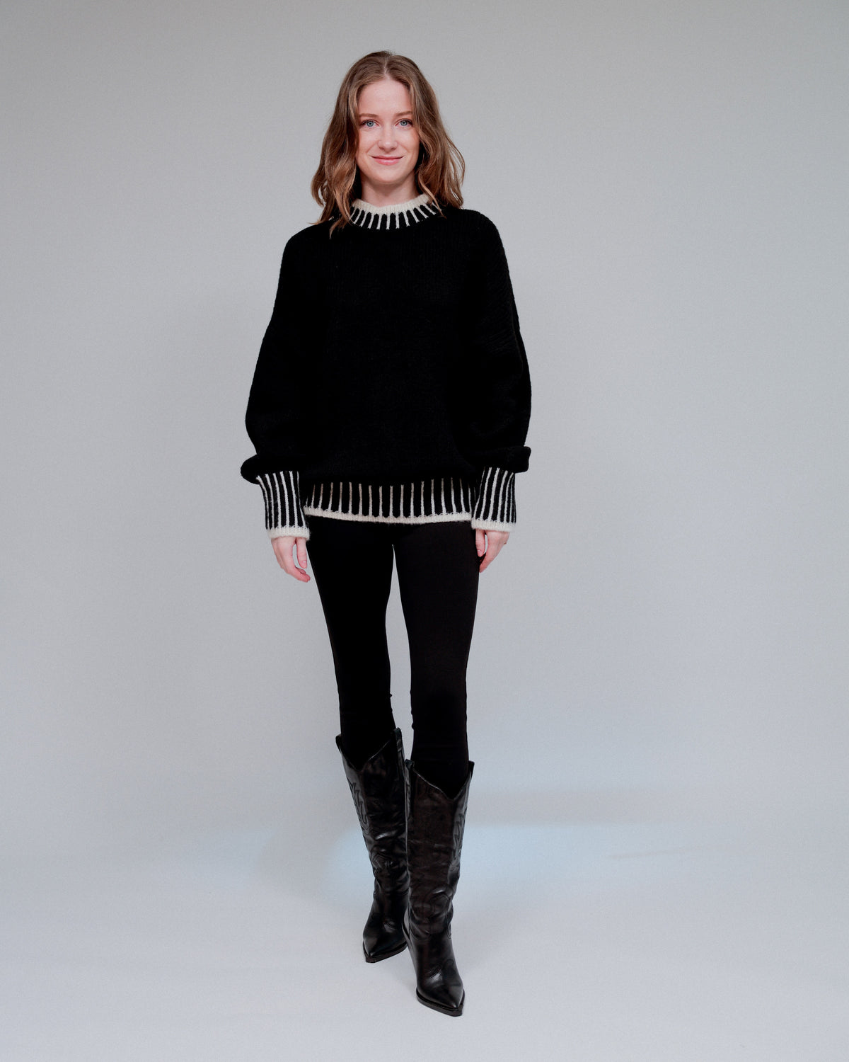 White Thread Accent Sweater in Black_Front