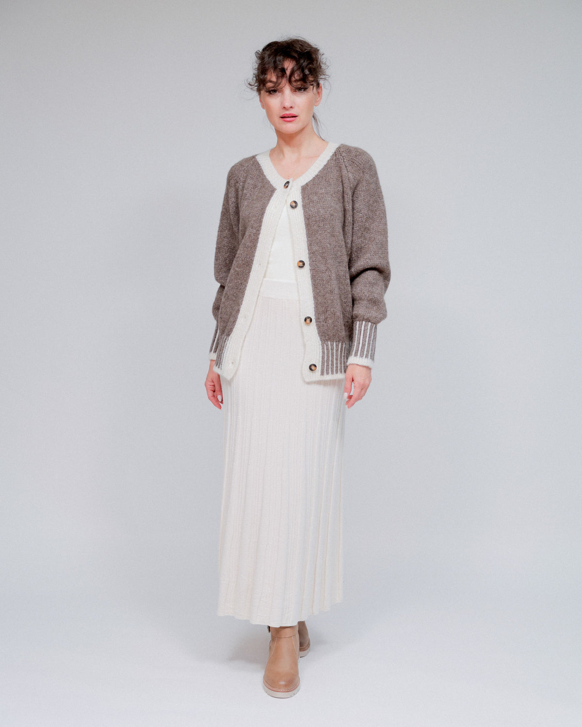 Button Front Cardigan in Taupe_Front
