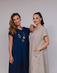 Cap Sleeve 1-Pocket Dress Sand and Navy Front