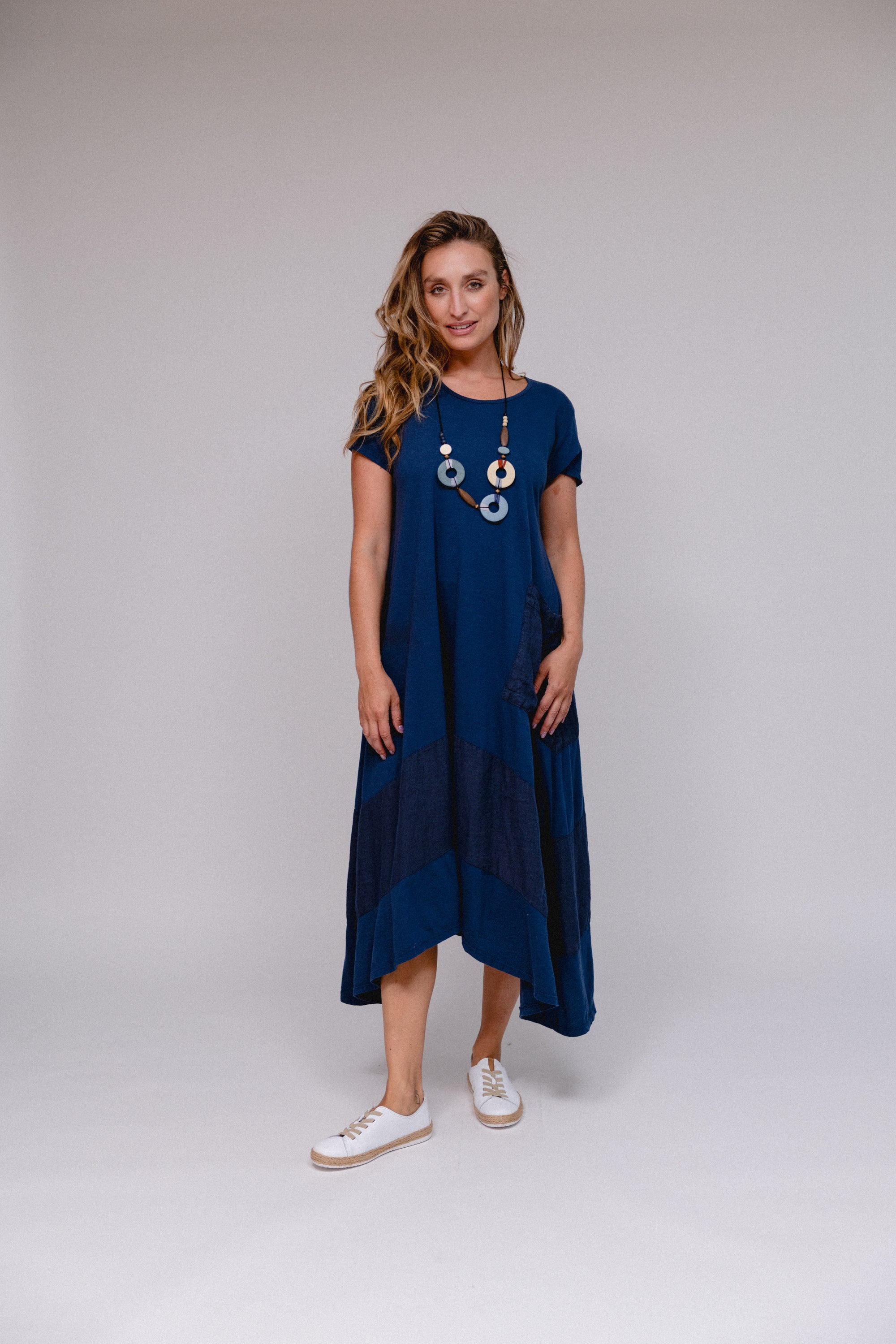Cap Sleeve 1-Pocket Dress Navy Front
