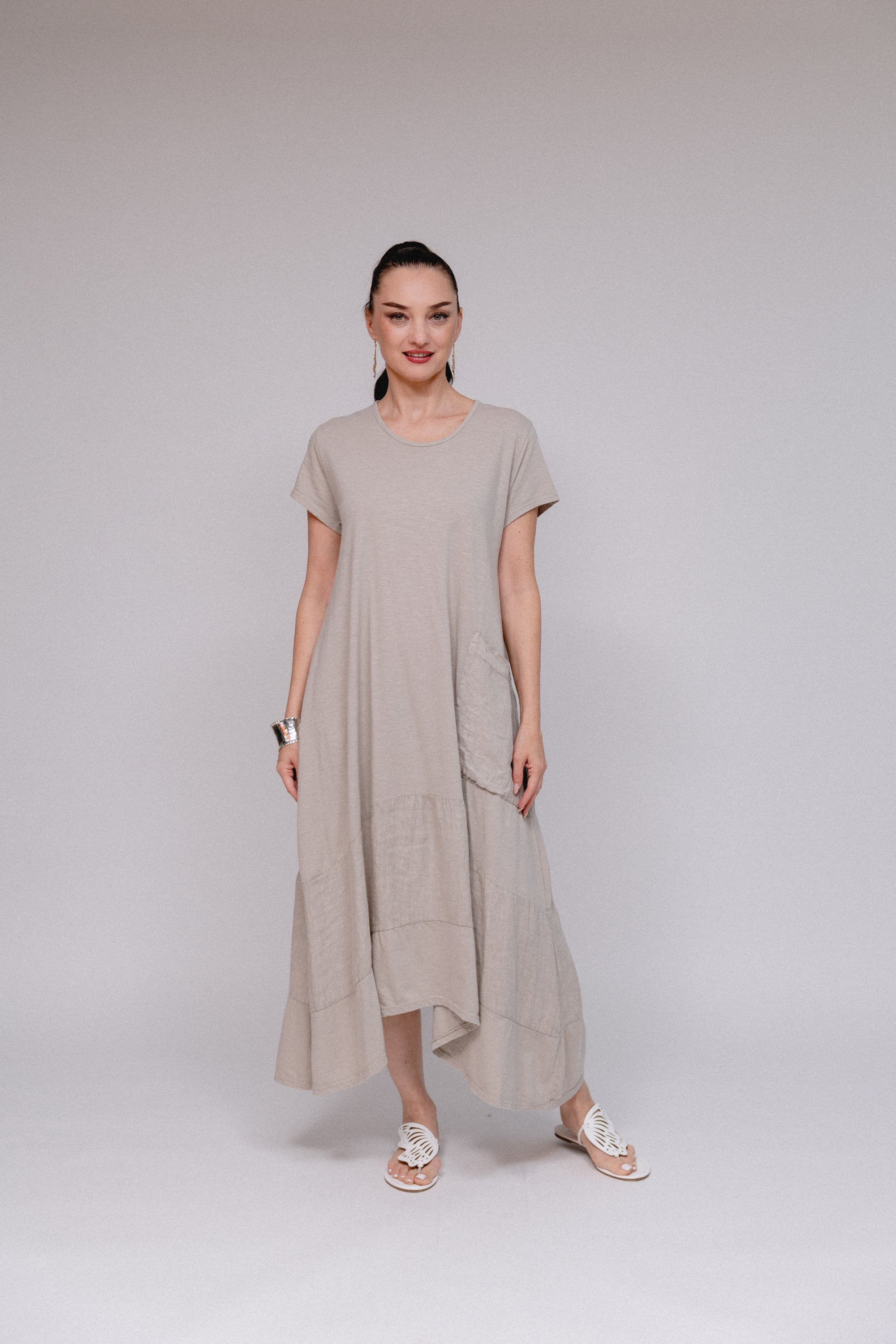 Cap Sleeve 1-Pocket Dress Sand Front