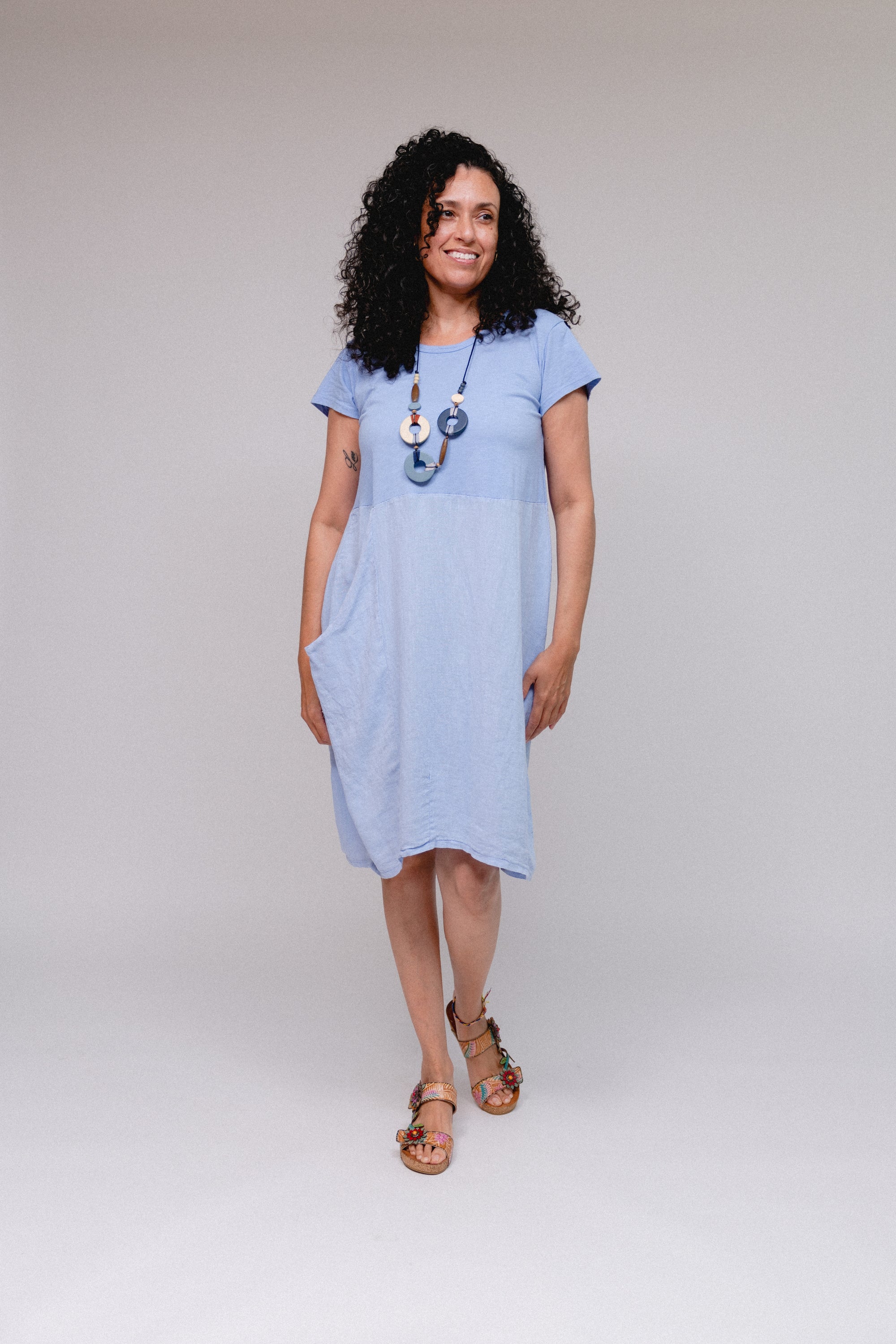 Pouch Pocket Cap Sleeve Dress Blue Front
