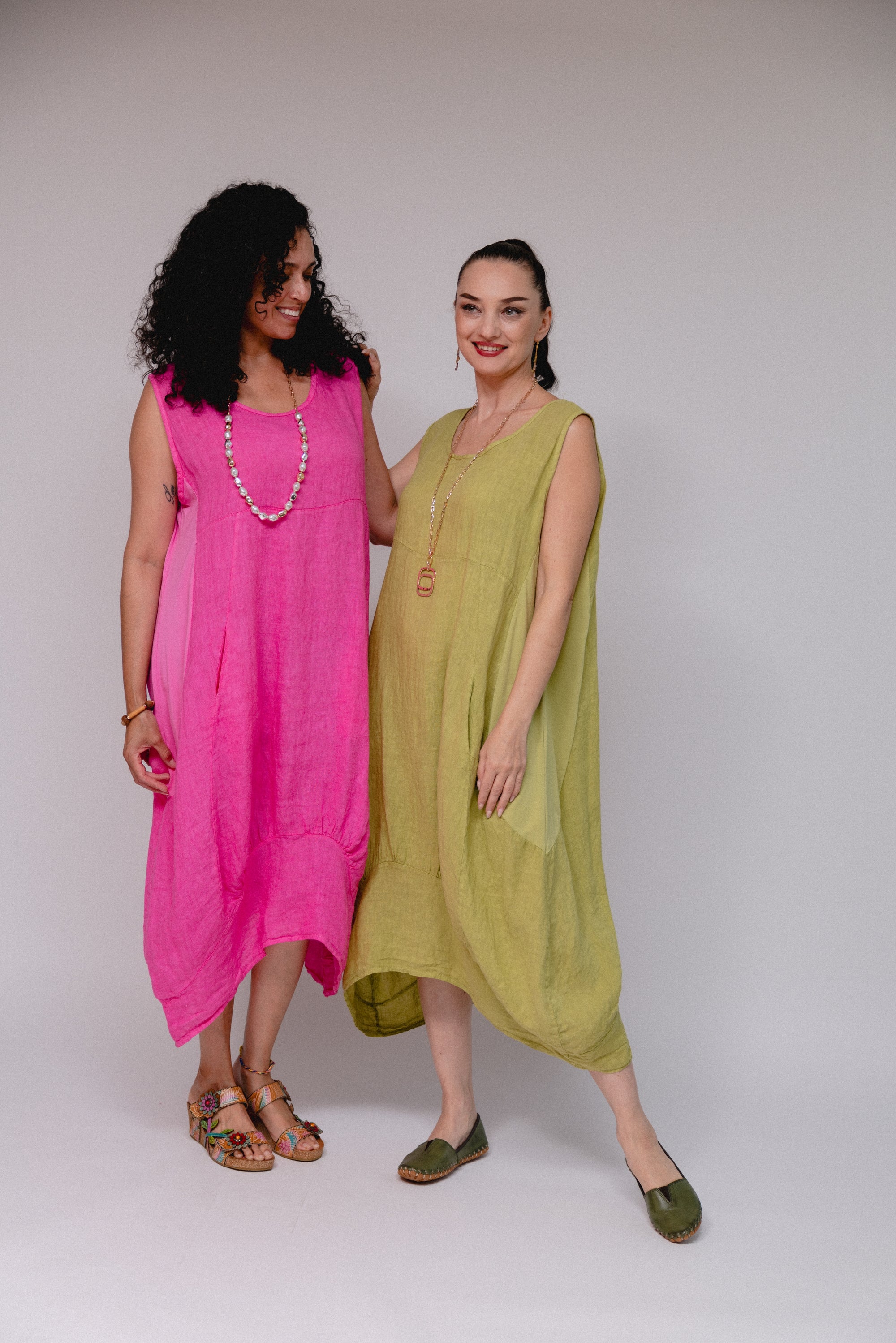 Hem Detail Soft Side Dress Moss and Fuchsia Front