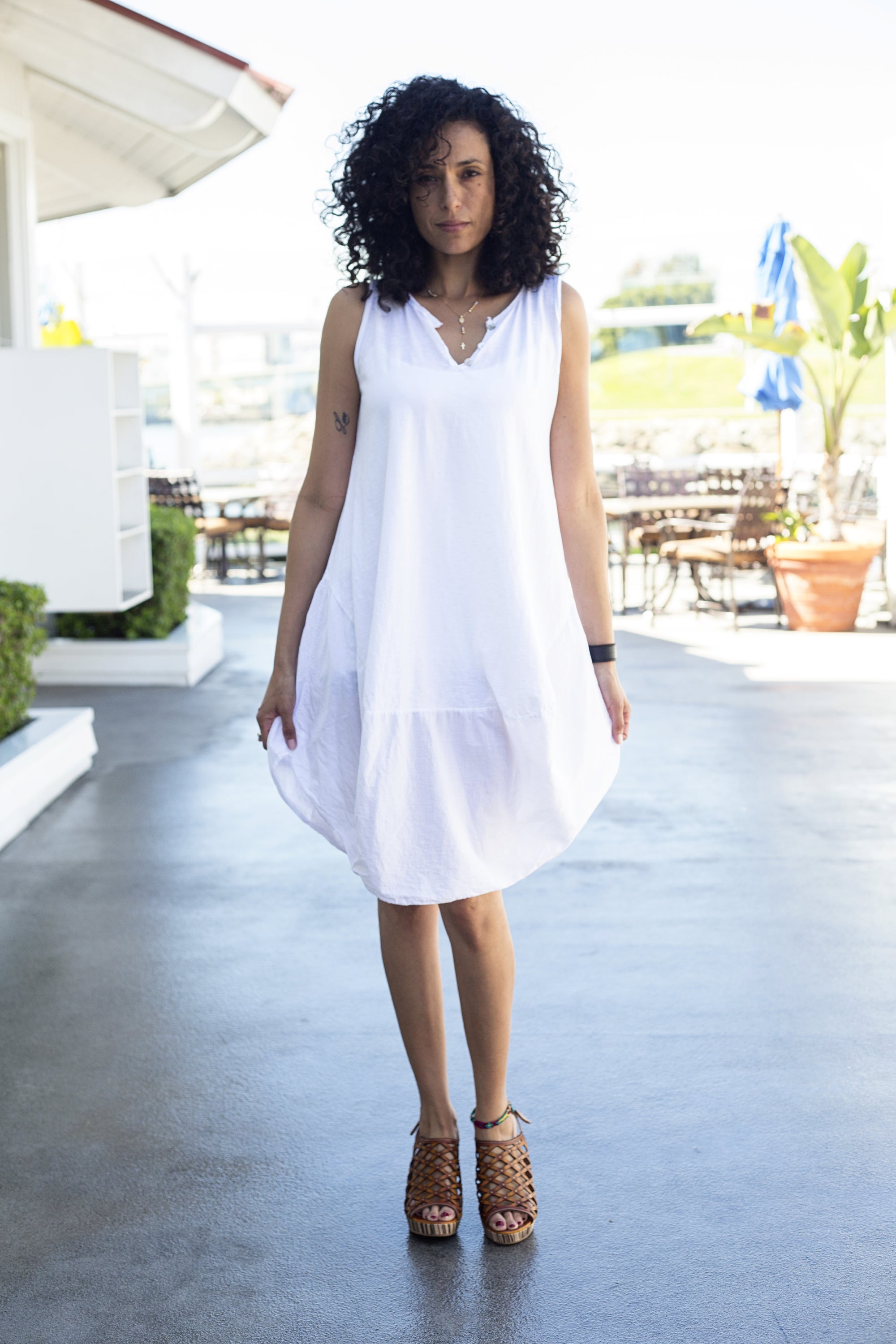 Curve Hem Henley Dress White Front