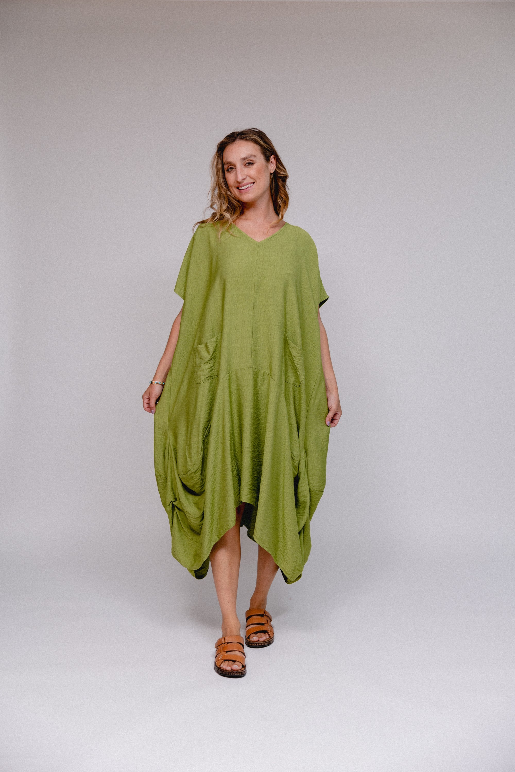 V-Neck Rusched Skirt Dress Kiwi Front