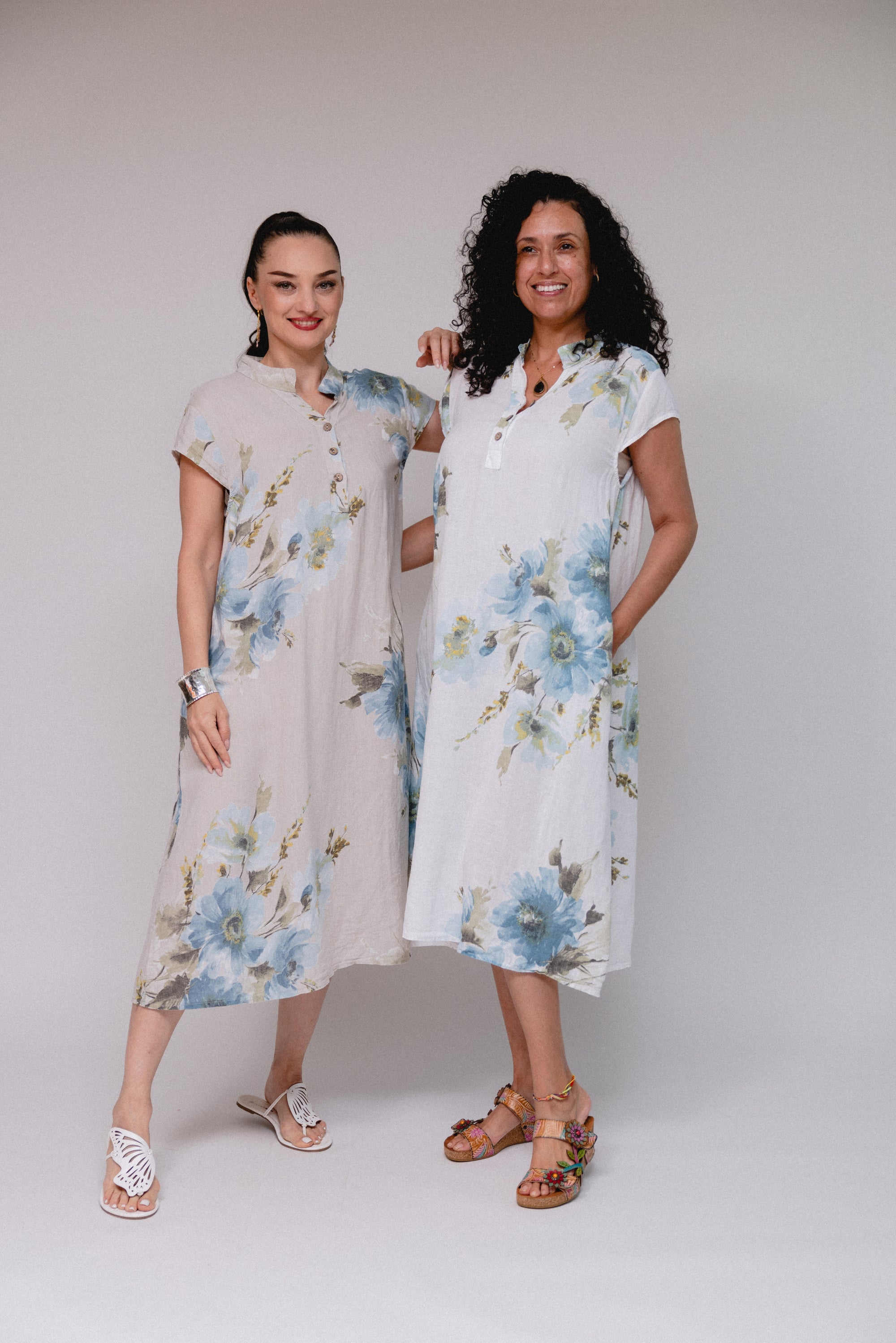 Priest Collar Print Dress White and Sand Front