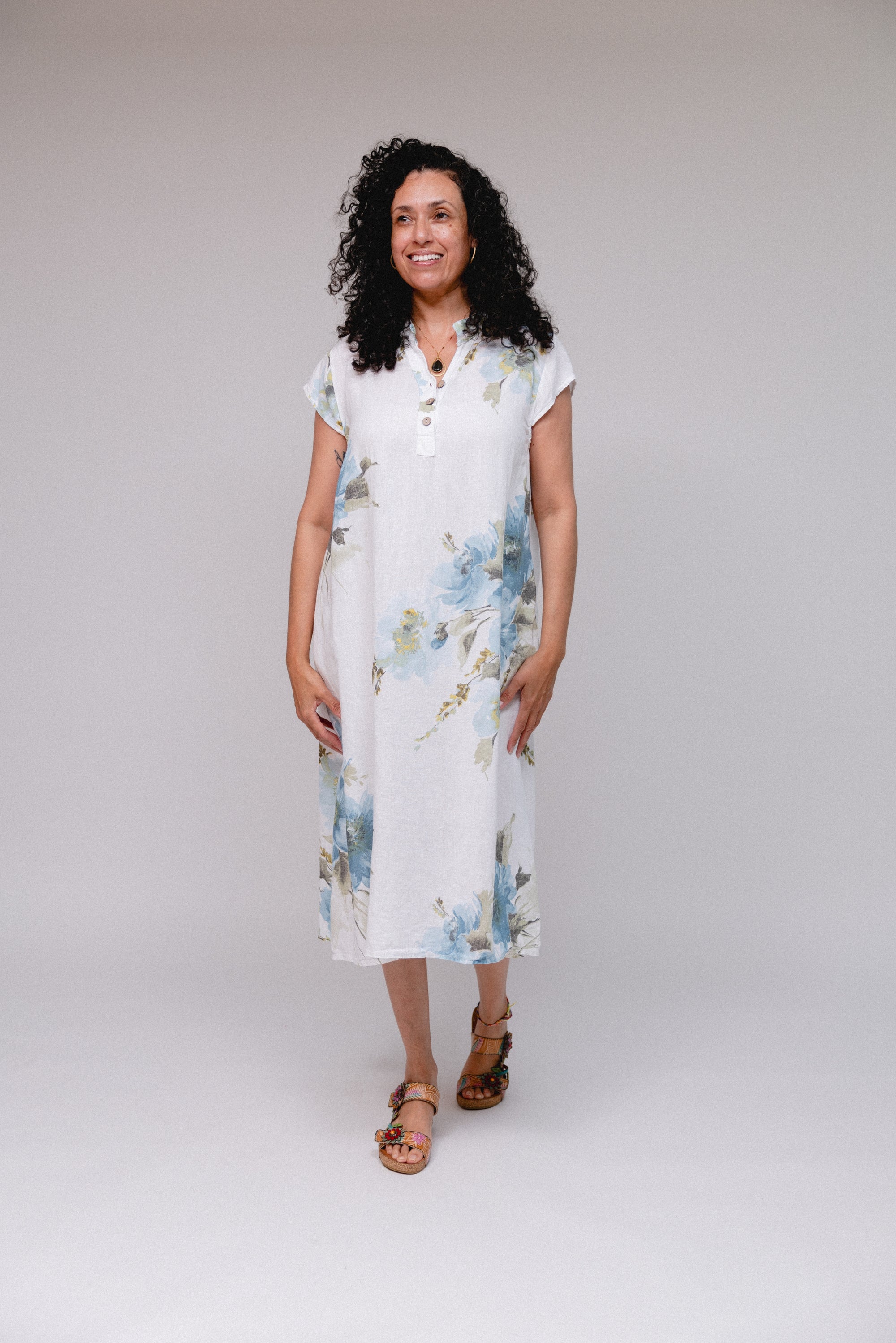Priest Collar Print Dress White Front