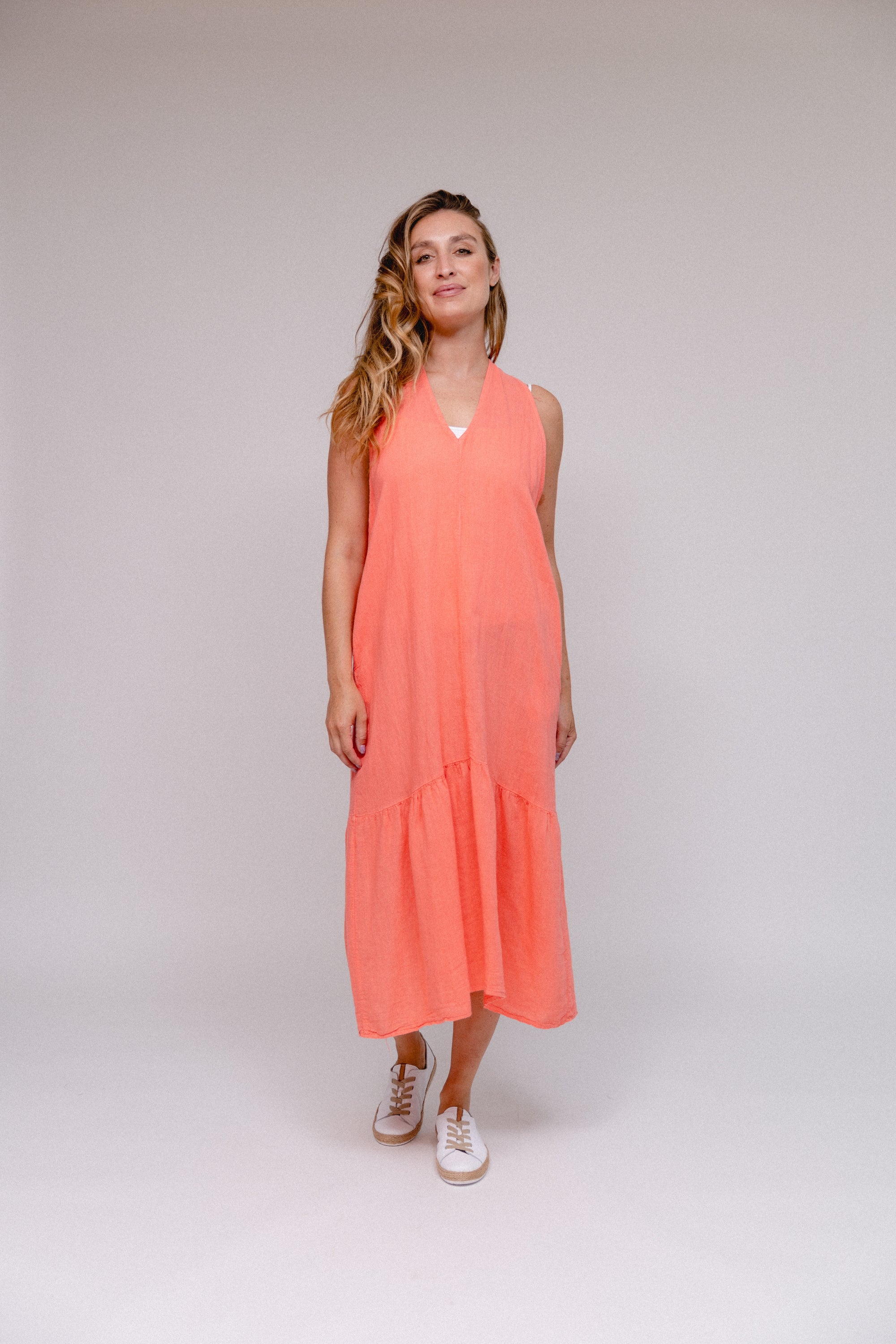 V-Neck Racer Back Dress Coral Front